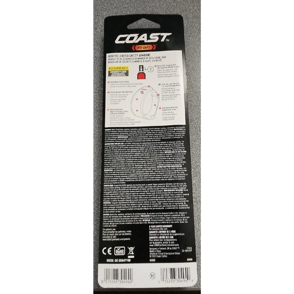 COAST 30494 SA300 High-Vis RECHARGEABLE Lighted Safety Armband ORANGE / New